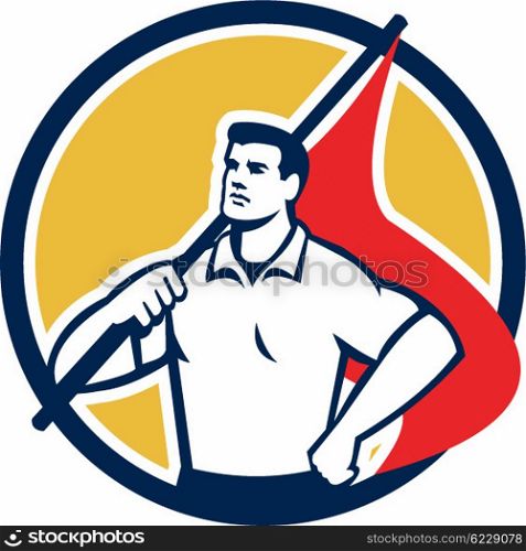 Illustration of a union worker holding red flag on shoulders with one hand on hips looking to the side set inside circle done in retro style.