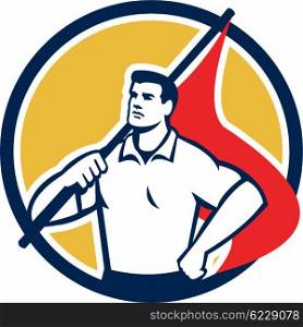 Illustration of a union worker holding red flag on shoulders with one hand on hips looking to the side set inside circle done in retro style.