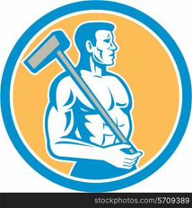 Illustration of a union worker holding sledgehammer hammer on shoulder done in retro style set inside circle on isolated background.. Union Worker With Sledgehammer Circle Retro