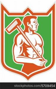 Illustration of a union worker holding sledgehammer hammer on shoulder done in retro style set inside shield crest on isolated background.. Union Worker With Sledgehammer Shield Retro