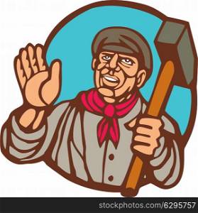 Illustration of a union worker holding sledgehammer hammer set inside circle on isolated background done in woodcut linocut style. . Union Worker With Sledgehammer Linocut