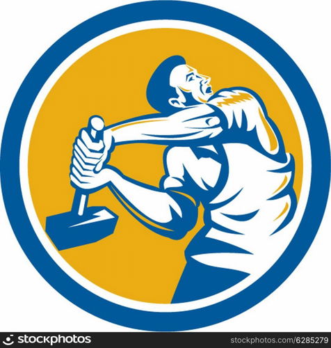 Illustration of a union worker strike striking using sledgehammer hammer done in retro style set inside shield crest on isolated white background.. Union Worker Strike With Sledgehammer Retro