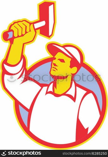 Illustration of a union worker with hammer done in retro style.