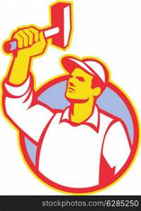 Illustration of a union worker with hammer done in retro style.