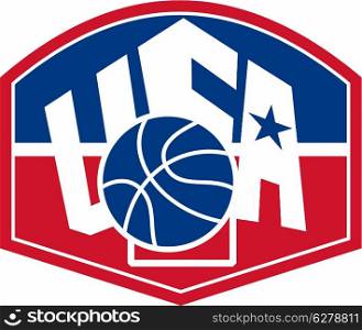 Illustration of a United States basketball ball with American star and words USA set inside backboard shield on isolated white background.&#xA;