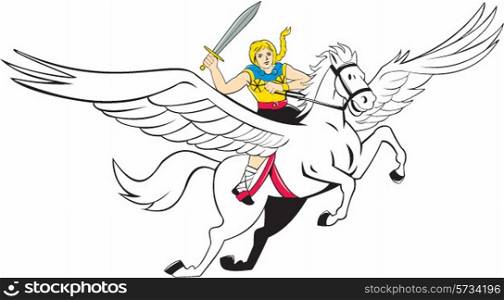 Illustration of a valkyrie of Norse mythology female rider Amazon warriors riding horse with sword done in cartoon style on isolated white background. . Valkyrie Amazon Warrior Flying Horse Cartoon