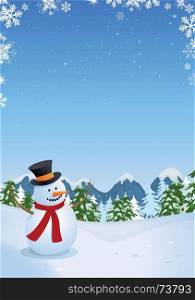 Illustration of a vertical poster with cartoon snowman inside winter landscape made of pine trees, firs, mountains and copy space for your message. Snowman In Winter Landscape