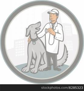 Illustration of a veterinarian holding a stethoscope standing beside pet dog with buildings in background set inside circle done in cartoon style.. Veterinarian Vet With Pet Dog Cartoon