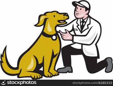 Illustration of a veterinarian kneeling beside pet dog in isolated white background done in cartoon style.. Veterinarian Vet Kneeling With Pet Dog Cartoon
