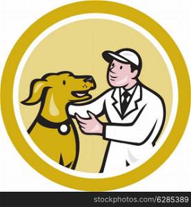 Illustration of a veterinarian kneeling beside pet dog set inside circle done in cartoon style.. Veterinarian Vet Kneeling Beside Pet Dog Circle Cartoon