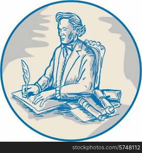 Illustration of a victorian man gentleman sitting signing documents with quill pen viewed from side set inside circle done in cartoon style. . Victorian Gentleman Quill Signing Cartoon