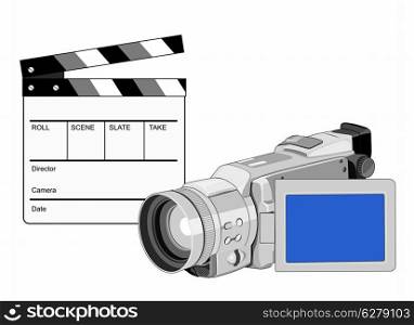 Illustration of a video camera with movie clapboard clapper board done in retro style.