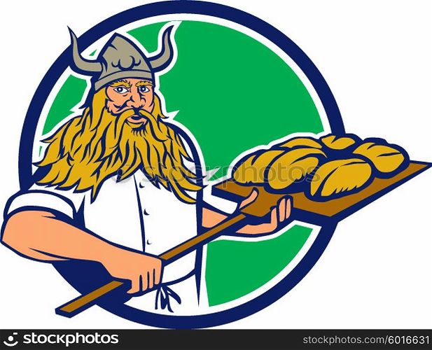 Illustration of a viking warrior raider barbarian baker holding peel with dough bread facing front set inside circle on isolated background done in retro style.. Viking Baker Peel Dough Circle Retro