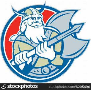 Illustration of a viking warrior raider barbarian with axe set inside circle on isolated background done in retro style.. Viking Raider Barbarian Warrior Axe Circle Retro