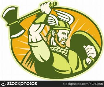 Illustration of a viking warrior raider barbarian with winged helmet swinging a battle axe and shield set inside oval done in retro style.
