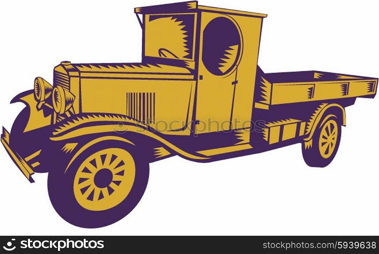 Illustration of a vintage 1920s Pick-up Truck viewed from side on isolated background done in retro woodcut style. . 1920s Pick-up Truck Woodcut