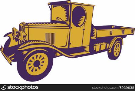 Illustration of a vintage 1920s Pick-up Truck viewed from side on isolated background done in retro woodcut style. . 1920s Pick-up Truck Woodcut