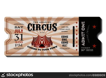 Illustration of a vintage and retro design circus ticket, with big top, admit one coupon mention, bar code and text elements for arts festival and events. Vintage Circus Ticket