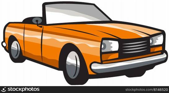 Illustration of a vintage cabriolet coupe car with top-down folding roof viwed from front set on isolated white background done in retro style. . Vintage Cabriolet Top-Down Car Isolated Retro