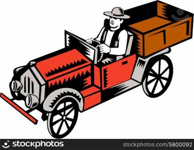 Illustration of a vintage classic pick-up truck with driver viewed from high angle set on isolated white background done in retro woodcut style. . Vintage Pick Up Truck Driver Woodcut