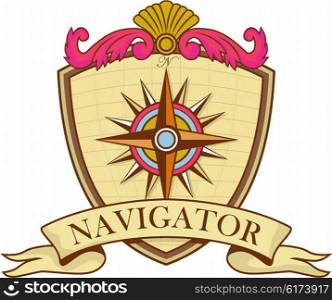 Illustration of a vintage compass or star set inside crest shield with scroll and words Navigator on isolated background done in retro style. . Compass Navigator Coat of Arms Crest Retro
