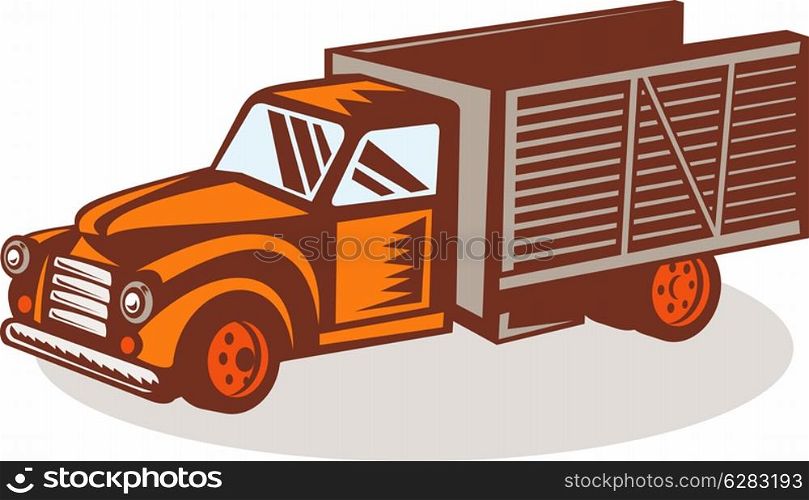 illustration of a Vintage delivery pick-up truck done in retro woodcut style.. Vintage delivery pick-up truck