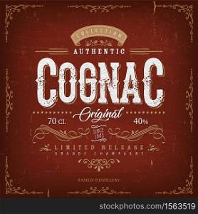 Illustration of a vintage design elegant french cognac label, with crafted lettering, specific product mentions, textures and hand drawn patterns. Vintage Cognac Label For Bottle