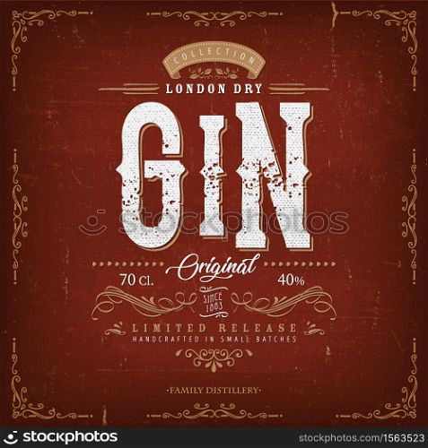 Illustration of a vintage design elegant london dry gin label, with crafted lettering, specific product mentions, textures and hand drawn patterns. Vintage London Gin Label For Bottle