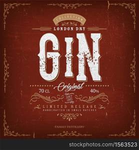 Illustration of a vintage design elegant london dry gin label, with crafted lettering, specific product mentions, textures and hand drawn patterns. Vintage London Gin Label For Bottle