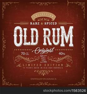 Illustration of a vintage design elegant rum beverage label, with crafted letterring, specific product mentions, textures and floral patterns. Vintage Old Rum Label For Bottle