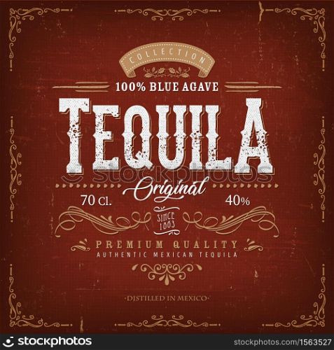 Illustration of a vintage design elegant tequila label, with crafted lettering, specific blue agave product mentions, textures and hand drawn patterns. Vintage Mexican Tequila Label For Bottle