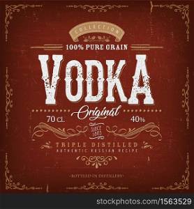 Illustration of a vintage design elegant vodka label, with crafted lettering, specific 100% pure grain product mentions, textures and hand drawn patterns. Vintage Vodka Label For Bottle