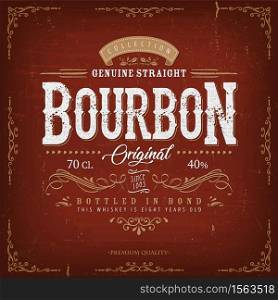 Illustration of a vintage design elegant whisky label, with crafted lettering, specific product mentions, textures and celtic patterns, on blue and gold background. Vintage Bourbon Label For Bottle