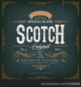 Illustration of a vintage design elegant whisky label, with crafted letterring, specific product mentions, textures and celtic patterns, on blue and gold background. Vintage Scotch Whisky Label For Bottle