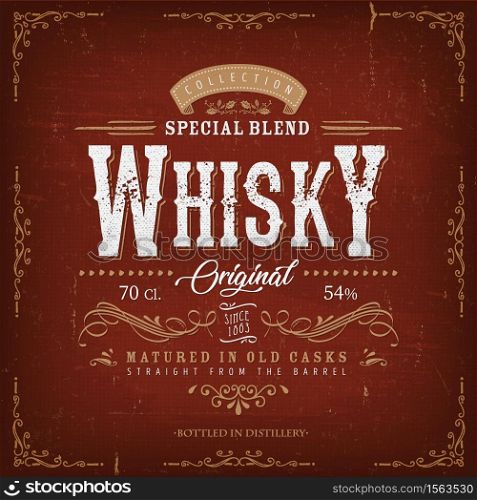Illustration of a vintage design elegant whisky label, with crafted letterring, specific product mentions, textures and celtic patterns, on blue and gold background. Vintage Whisky Label For Bottle