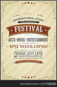 Illustration of a vintage design festival invitation poster with floral patterns, sketched banners and grunge texture on striped retro background. Vintage Festival Poster