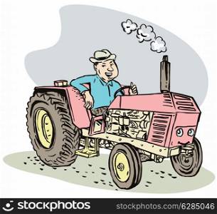 illustration of a vintage farm tractor on isolated background done in cartoon style. vintage farm tractor