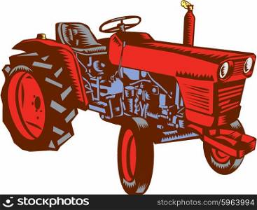 Illustration of a vintage farm tractor set on isolated white background viewed from the side done in retro woodcut style. . Vintage Farm Tractor Side Woodcut