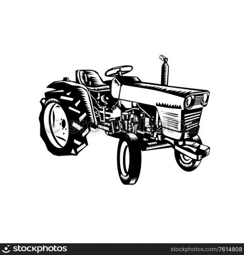 Illustration of a vintage farm tractor set on isolated white background viewed from the side done in retro woodcut Black and White style. . Vintage Farm Tractor Side View Woodcut Black and White