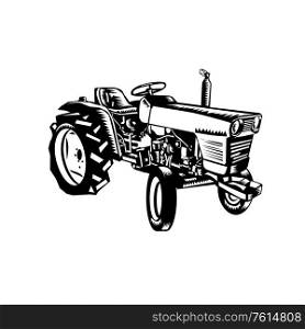 Illustration of a vintage farm tractor set on isolated white background viewed from the side done in retro woodcut Black and White style. . Vintage Farm Tractor Side View Woodcut Black and White
