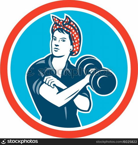 Illustration of a vintage female wearing polka dot headband working-out flexing muscle lifting dumbbell facing front set inside circle done in retro style.. Bandana Woman Lifting Dumbbell Circle Retro