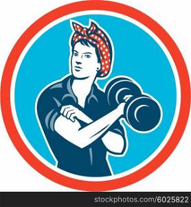 Illustration of a vintage female wearing polka dot headband working-out flexing muscle lifting dumbbell facing front set inside circle done in retro style.. Bandana Woman Lifting Dumbbell Circle Retro