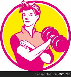 Illustration of a vintage female wearing polka dot headband workout lifting dumbbell facing front set inside circle done in retro style.. Vintage Woman Lifting Dumbbell Circle Retro