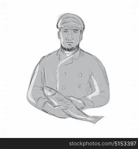 Illustration of a Vintage Fishmonger wearing cap Holding Fish front view done in hand sketch Drawing style.. Vintage Fishmonger Holding Fish Drawing