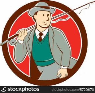 Illustration of a vintage fly fisherman tourist wearing bowler hat and vest with fly rod and reel set inside circle done in cartoon style .. Vintage Fly Fisherman Bowler Hat Cartoon