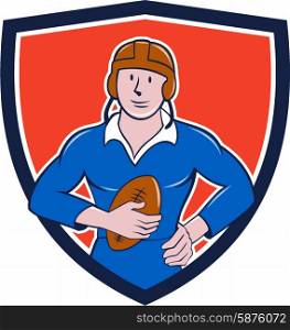 Illustration of a vintage French rugby player holding ball facing front set inside crest shield done in cartoon style.. Vintage French Rugby Player Holding Ball Crest Cartoon