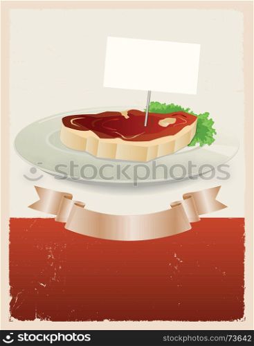 Illustration of a vintage grunge restaurant background with piece of beefsteak in a dish plate and scroll banner for food advertisement. Red Meat Restaurant Banner
