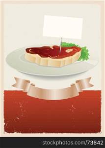 Illustration of a vintage grunge restaurant background with piece of beefsteak in a dish plate and scroll banner for food advertisement. Red Meat Restaurant Banner