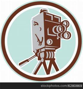 Illustration of a vintage movie film camera set inside circle viewed from low angle done in retro style on isolated background.. Vintage Movie Film Camera Retro