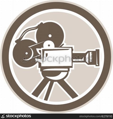 Illustration of a vintage movie film camera viewed from side set inside circle shape done in retro style.. Film Movie Camera Vintage Circle Retro